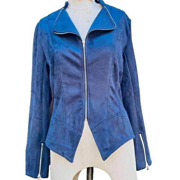 Solitaire Tailored Moto Jacket Womens L Navy Blue Faux Suede Full Zip Lux NEW